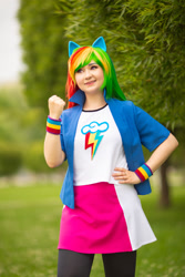 Size: 1280x1920 | Tagged: safe, artist:seabeersky, imported from derpibooru, rainbow dash, human, equestria girls, clothes, cosplay, costume, hand on hip, irl, irl human, multicolored hair, photo, rainbow hair, solo