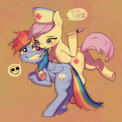 Size: 3194x3194 | Tagged: safe, artist:aruurara, imported from derpibooru, nurse redheart, rainbow dash, earth pony, pegasus, pony, blushing, butt, crying, cute, dashabetes, female, gritted teeth, high res, hoof hold, hug, injection, mare, needle, nurse, open mouth, pictogram, plot, scared, shaking, shivering, skull, syringe, teary eyes, teeth, trypanophobia, underhoof, vaccination