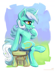 Size: 1400x1800 | Tagged: safe, artist:kp-shadowsquirrel, imported from derpibooru, lyra heartstrings, pony, unicorn, chair, female, grin, horn, mare, sitting, smiling, solo, stool