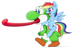 Size: 1161x782 | Tagged: safe, artist:firenhooves, imported from derpibooru, rainbow dash, pony, yoshi, crossover, cute, long tongue, nintendo, open mouth, rainbow dash riding yoshi, riding, simple background, super mario bros., tongue out, video game, white background