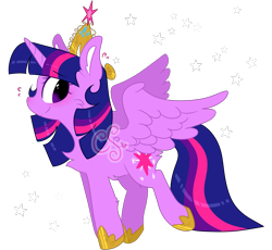 Size: 2700x2480 | Tagged: safe, artist:cutiesparke, imported from derpibooru, twilight sparkle, alicorn, big crown thingy, chest fluff, ear fluff, element of magic, hoof shoes, jewelry, looking back, nervous, raised hoof, regalia, simple background, solo, spread wings, stars, sweat, sweatdrop, transparent background, twilight sparkle (alicorn), watermark, wings