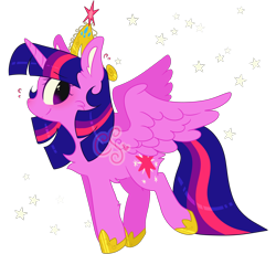 Size: 2700x2480 | Tagged: safe, alternate version, artist:cutiesparke, imported from derpibooru, twilight sparkle, alicorn, big crown thingy, chest fluff, ear fluff, element of magic, hoof shoes, jewelry, looking back, nervous, raised hoof, regalia, simple background, solo, spread wings, stars, sweat, sweatdrop, transparent background, twilight sparkle (alicorn), watermark, wings
