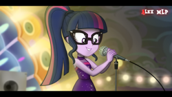 Size: 1920x1080 | Tagged: safe, artist:alex mlp, edit, edited screencap, imported from derpibooru, screencap, sci-twi, twilight sparkle, human, equestria girls, equestria girls series, spring breakdown, spoiler:eqg series (season 2), all good (song), bare shoulders, clothes, cute, dress, female, glasses, grin, microphone, sleeveless, smiling, solo, twiabetes