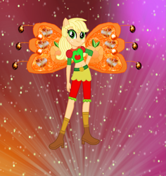 Size: 1297x1376 | Tagged: safe, artist:ketrin29, artist:user15432, imported from derpibooru, applejack, fairy, human, equestria girls, alternate hairstyle, barely eqg related, base used, believix, belly button, boots, clothes, cowboy boots, crossover, element of honesty, fairy wings, fairyized, gradient background, hand on hip, high heel boots, high heels, looking at you, orange wings, ponied up, shoes, socks, solo, sparkly background, sparkly wings, wings, winx, winx club, winxified