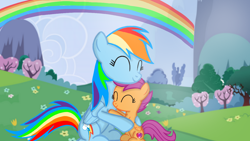 Size: 1280x720 | Tagged: safe, artist:mlplary6, imported from derpibooru, rainbow dash, scootaloo, pegasus, pony, ^^, eyes closed, female, filly, flower, foal, folded wings, grass, happy, hug, mare, mountain, rainbow, scootalove, siblings, sisters, sitting, sky, smiling, tree, wallpaper, wings