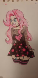 Size: 999x2048 | Tagged: safe, artist:thepinkmarket, imported from derpibooru, pinkie pie, human, alternate hairstyle, blushing, choker, clothes, dress, ear piercing, earring, emo, female, humanized, jewelry, nose piercing, nose ring, open mouth, piercing, ring, socks, solo, stockings, striped socks, thigh highs, tongue piercing, traditional art