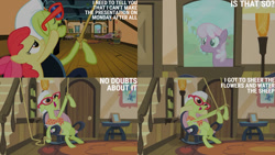 Size: 1280x720 | Tagged: safe, edit, edited screencap, editor:quoterific, imported from derpibooru, screencap, apple bloom, cheerilee, granny smith, earth pony, pony, family appreciation day, season 2, apple bloom's bow, bow, eyes closed, female, filly, foal, glasses, hair bow, mare, open mouth, sleeping, spread wings, text, trio, wings