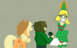 Size: 720x447 | Tagged: safe, artist:darlycatmake, imported from derpibooru, applejack, earth pony, human, pony, applebutt, bondage, butt, cloth gag, crossover, edd gould (eddsworld), eddsworld, gag, hat, help, help me, hennin, knight rescues the princess, over the nose gag, penny gadget, plot, princess, rescue, rope, rope bondage, ropes, sad, tied up, worried