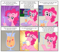 Size: 1507x1321 | Tagged: safe, artist:kturtle, imported from derpibooru, fernando the straw, pinkie pie, earth pony, pony, abba, comic, drinking straw, milkshake, pinkie being pinkie, song parody