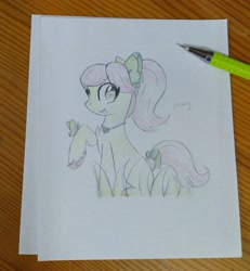 Size: 2812x3038 | Tagged: safe, artist:twiliset, imported from derpibooru, butterfly, earth pony, pony, bow, g5, grass, heart, heart eyes, looking at you, mechanical pencil, posey bloom, simple background, smiling, smiling at you, solo, tail, tail bow, traditional art, wingding eyes