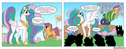 Size: 3248x1264 | Tagged: safe, artist:stonedraws, imported from derpibooru, princess celestia, scootaloo, alicorn, pegasus, pony, cannon, comic, crowd, crown, cute, dialogue, excited, hopping, horn, jewelry, pony cannonball, princess trollestia, pure unfiltered evil, regalia, screaming, slapstick, speech bubble, to the moon, trollestia, wings