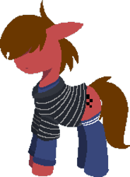Size: 1503x2043 | Tagged: safe, artist:darksoma, imported from derpibooru, oc, earth pony, blue shirt, clothes, covered eyes, expression, ponysona, recreation, shirt, simple background, socks, solo, striped shirt, thigh highs, transparent background