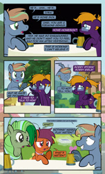 Size: 1920x3168 | Tagged: safe, artist:alexdti, imported from derpibooru, oc, oc only, oc:brainstorm (alexdti), oc:purple creativity, oc:screwpine caprice, oc:vee, pegasus, pony, unicorn, comic:quest for friendship, comic, dialogue, dot eyes, eye contact, female, floppy ears, folded wings, glasses, glowing, glowing horn, grin, high res, hooves, horn, looking at each other, looking at someone, looking back, magic, male, mare, mug, narrowed eyes, nervous, nervous grin, open mouth, outdoors, pegasus oc, raised eyebrow, raised hoof, smiling, speech bubble, spread wings, stallion, task failed successfully, telekinesis, two toned mane, underhoof, unicorn oc, wings