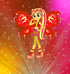Size: 1297x1376 | Tagged: safe, artist:ketrin29, artist:user15432, imported from derpibooru, sunset shimmer, fairy, human, equestria girls, alternate hairstyle, barely eqg related, base used, believix, belly button, boots, clothes, crossover, fairy wings, fairyized, gradient background, hand on hip, high heel boots, high heels, looking at you, ponied up, red wings, shoes, solo, sparkly background, sparkly wings, wings, winx, winx club, winxified