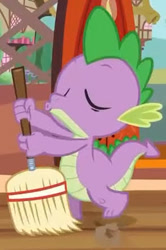 Size: 293x440 | Tagged: safe, imported from derpibooru, screencap, spike, dragon, season 4, twilight time, broom, cropped, eyes closed, golden oaks library, male, solo, sweeping, whistling, youtube link