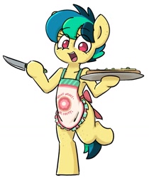 Size: 867x1033 | Tagged: safe, artist:spheedc, imported from derpibooru, oc, oc only, oc:apogee, pegasus, pony, apron, bipedal, clothes, eye clipping through hair, eyebrows, eyebrows visible through hair, female, filly, foal, food, knife, looking at you, open mouth, open smile, pegasus oc, simple background, smiling, smiling at you, solo, white background