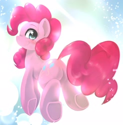 Size: 2020x2048 | Tagged: safe, artist:kurogewapony, imported from derpibooru, pinkie pie, earth pony, pony, abstract background, balloonbutt, blushing, butt, cute, diapinkes, female, floating, high res, looking at you, looking back, looking back at you, mare, plot, simple background, smiling, solo, underhoof