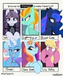 Size: 1976x2360 | Tagged: safe, artist:modularpon, imported from derpibooru, inky rose, lightning dust, lily, lily valley, princess luna, sassy saddles, trixie, alicorn, earth pony, pegasus, pony, unicorn, six fanarts, female, mare, pride, pride flag, smiling, the horror, trans female, trans trixie, transgender, transgender pride flag