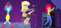 Size: 1206x558 | Tagged: safe, imported from derpibooru, screencap, blueberry pie, derpy hooves, raspberry fluff, human, equestria girls, rainbow rocks, bell, cowbell, eyes closed, microphone, microphone stand, musical instrument, musical saw, sitting, smiling, speaker, stool, the muffins, triangle, trio