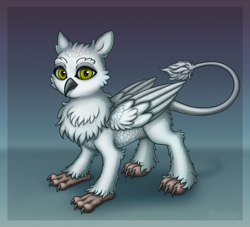 Size: 2640x2400 | Tagged: safe, artist:elronya, artist:eltaile, imported from derpibooru, oc, oc only, oc:mynthe, bird, griffon, hybrid, owl, owl griffon, claws, commission, cute, fluffy, griffon oc, looking at you, male, solo, wings