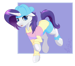 Size: 2624x2304 | Tagged: safe, artist:bydena, imported from derpibooru, rarity, pony, unicorn, alternate hairstyle, baseball cap, blue eyes, cap, clothes, disguise, fanart, female, hat, plainity, purple hair, shirt, shorts, solo