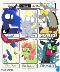 Size: 1687x2015 | Tagged: safe, artist:brusuky2, imported from derpibooru, bon bon, derpy hooves, discord, princess luna, queen chrysalis, sweetie drops, tree hugger, alicorn, changeling, changeling queen, draconequus, earth pony, pegasus, six fanarts, big eyes, blunt, fangs, female, glazed eyes, high, red eyes