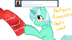 Size: 1080x600 | Tagged: safe, artist:azure-doodle, imported from derpibooru, lyra heartstrings, pony, blushing, hooves, sexually confused lyra, solo