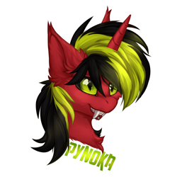 Size: 1920x1920 | Tagged: safe, artist:alfury, imported from derpibooru, oc, oc only, oc:pynoka, pony, unicorn, 2020, black sclera, fangs, male, simple background, solo, stallion, white background