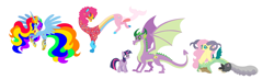 Size: 4616x1336 | Tagged: safe, artist:alpha-power, imported from derpibooru, fluttershy, pinkie pie, rainbow dash, spike, twilight sparkle, alicorn, draconequus, dragon, alicornified, cutie mark on non-pony, draconequified, flutterequus, older, older spike, pinkonequus, race swap, rainbowcorn, simple background, species swap, twilight sparkle (alicorn), white background, winged spike, wings