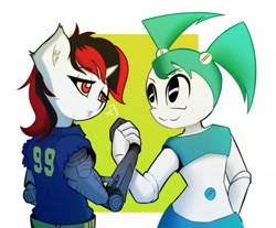 Size: 1517x1254 | Tagged: safe, artist:mistleinn, imported from derpibooru, oc, oc:blackjack, anthro, cyborg, robot, unicorn, fallout equestria, fallout equestria: project horizons, amputee, clothes, crossover, duo, female, horn, jenny wakeman, jumpsuit, mare, my life as a teenage robot, prosthetic limb, prosthetics, simple background, small horn, vault suit