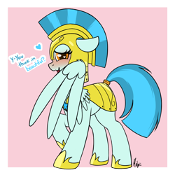 Size: 900x900 | Tagged: safe, artist:ponynamedmixtape, imported from derpibooru, pegasus, pony, armor, bashful, blushing, dialogue, female, guardian angel (g4), guardsmare, heart, heart eyes, helmet, hiding behind wing, looking at you, mare, open mouth, open smile, pegasus royal guard, pink background, royal guard, royal guard armor, simple background, smiling, solo, transparent background, wingding eyes, wings