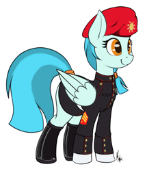 Size: 1470x1569 | Tagged: safe, alternate version, artist:ponynamedmixtape, imported from derpibooru, pegasus, pony, beret, boots, clothes, female, formal wear, gloves, guardian angel (g4), guardsmare, hat, mare, military, military uniform, royal guard, shoes, simple background, solo, tail, tail wrap, transparent background, uniform