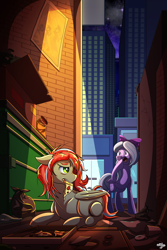 Size: 2000x3000 | Tagged: safe, artist:littletigressda, imported from derpibooru, flitter, oc, oc:silent wing, earth pony, pegasus, pony, fanfic:crushed: the beginnings, alley, bag, dumpster, duo, earth pony oc, fanfic art, female, food, high res, lying down, mare, open mouth, pegasus oc, pizza, prone, shocked, shocked expression, sitting, trash bag