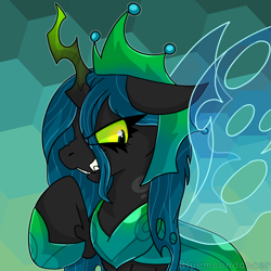 Size: 1640x1639 | Tagged: source needed, safe, artist:bluemoon, imported from derpibooru, queen chrysalis, changeling, changeling queen, evil grin, eye clipping through hair, female, grin, insect wings, raised hoof, signature, smiling, solo, spread wings, ultimate chrysalis, wings