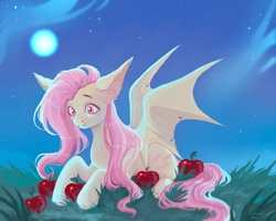 Size: 1280x1024 | Tagged: safe, artist:lacrimiris, imported from derpibooru, fluttershy, bat pony, pony, apple, bat ponified, bat wings, cute, female, flutterbat, food, full moon, grass, herbivore, lying down, mare, moon, night, outdoors, prone, race swap, red eyes, shyabates, shyabetes, solo, spread wings, three quarter view, wings