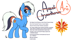 Size: 1400x800 | Tagged: safe, artist:ponynamedmixtape, imported from derpibooru, oc, oc only, oc:araceli chrysanthemum, earth pony, pony, female, lore, reference sheet, simple background, solo, transparent background