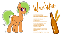 Size: 1400x800 | Tagged: safe, artist:ponynamedmixtape, imported from derpibooru, oc, oc only, oc:warm winds, earth pony, pony, female, lore, reference sheet, simple background, solo, text, transparent background