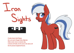 Size: 2346x1700 | Tagged: safe, artist:ponynamedmixtape, imported from derpibooru, oc, oc only, oc:iron sights, earth pony, pony, female, lore, reference sheet, simple background, solo, text, transparent background