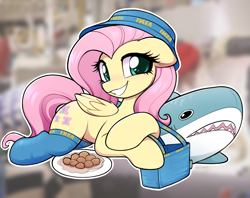 Size: 1956x1548 | Tagged: safe, artist:moozua, imported from derpibooru, fluttershy, pegasus, pony, shark, berrytube, blurry background, blåhaj, clothes, cute, female, folded wings, hat, ikea, ikea bag, looking at you, lying down, mare, meatball, plushie, prone, shark plushie, shyabetes, smiling, smiling at you, socks, solo, stockings, thigh highs, wings