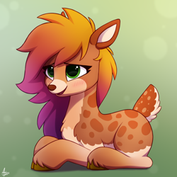 Size: 1000x1000 | Tagged: safe, artist:luminousdazzle, imported from derpibooru, oc, oc only, oc:cold forest, deer, cloven hooves, cute, deer oc, deer tail, doe, female, gradient hooves, gradient mane, looking up, shy, smiling, solo, spots, tail, unshorn fetlocks