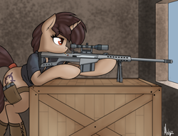 Size: 2600x2000 | Tagged: safe, artist:ponynamedmixtape, imported from derpibooru, oc, oc only, oc:charcoal, pony, unicorn, fallout equestria, box, cigarette, clothes, crate, gun, rifle, shoes, sniper, sniper rifle, solo, tail, tail wrap, weapon