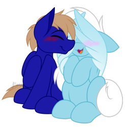Size: 769x781 | Tagged: safe, artist:feather_bloom, imported from derpibooru, oc, oc:blue_skies, oc:feather_bloom, earth pony, pegasus, pony, :3, blushing, boop, couple, covering face, duo, noseboop, simple background, transparent background, wings
