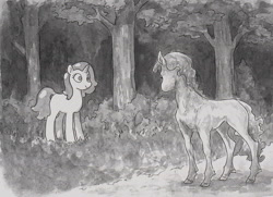Size: 1000x724 | Tagged: safe, artist:adeptus-monitus, imported from derpibooru, oc, oc only, earth pony, pony, unicorn, forest, traditional art