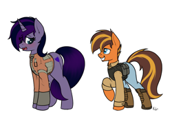 Size: 1030x700 | Tagged: safe, artist:ponynamedmixtape, imported from derpibooru, oc, oc:midnight flower, oc:mixtape, pony, fallout equestria, blushing, clothes, duo, shit eating grin, shoes, shy, simple background, size comparison, steel ranger, tail, tail between legs, transparent background