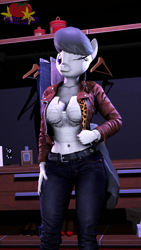Size: 2160x3840 | Tagged: safe, artist:marianokun, imported from derpibooru, octavia melody, anthro, 3d, belly button, breasts, busty octavia melody, clothes, female, jeans, looking at you, one eye closed, pants, pose, solo, source filmmaker, wink, winking at you
