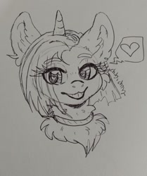 Size: 720x862 | Tagged: safe, artist:chibichangeling, imported from derpibooru, oc, oc only, oc:sight unseen, unicorn, :3, bust, collar, female, fluffy, heart, heart eyes, looking at you, mare, monochrome, portrait, signature, simple background, sketch, smiling, smiling at you, solo, speech bubble, straight mane, traditional art, white background, wingding eyes