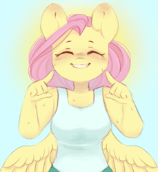 Size: 683x746 | Tagged: safe, artist:melodylibris, imported from derpibooru, fluttershy, anthro, pegasus, blushing, clothes, cute, daaaaaaaaaaaw, eyes closed, female, happy, looking at you, mare, shyabetes, smiling, smiling at you, solo, spread wings, sweat, tanktop, wings