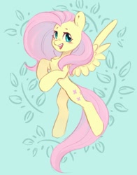 Size: 725x927 | Tagged: safe, artist:melodylibris, imported from derpibooru, fluttershy, pegasus, pony, blushing, chest fluff, cute, female, flying, green background, mare, open mouth, open smile, shyabetes, simple background, smiling, solo, spread wings, wings