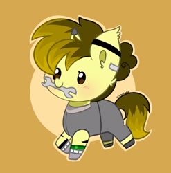 Size: 3104x3136 | Tagged: safe, artist:kittyrosie, imported from derpibooru, oc, earth pony, pony, blushing, chibi, clothes, cute, earth pony oc, mouth hold, ocbetes, safety goggles, simple background, solo, wrench