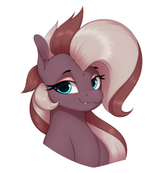 Size: 3126x3301 | Tagged: safe, artist:aquaticvibes, imported from derpibooru, oc, oc only, oc:efflorescence, pony, blue eyes, bust, ears, ears up, fangs, female, looking at you, makeup, mare, portrait, simple background, smiling, smiling at you, solo, transparent background